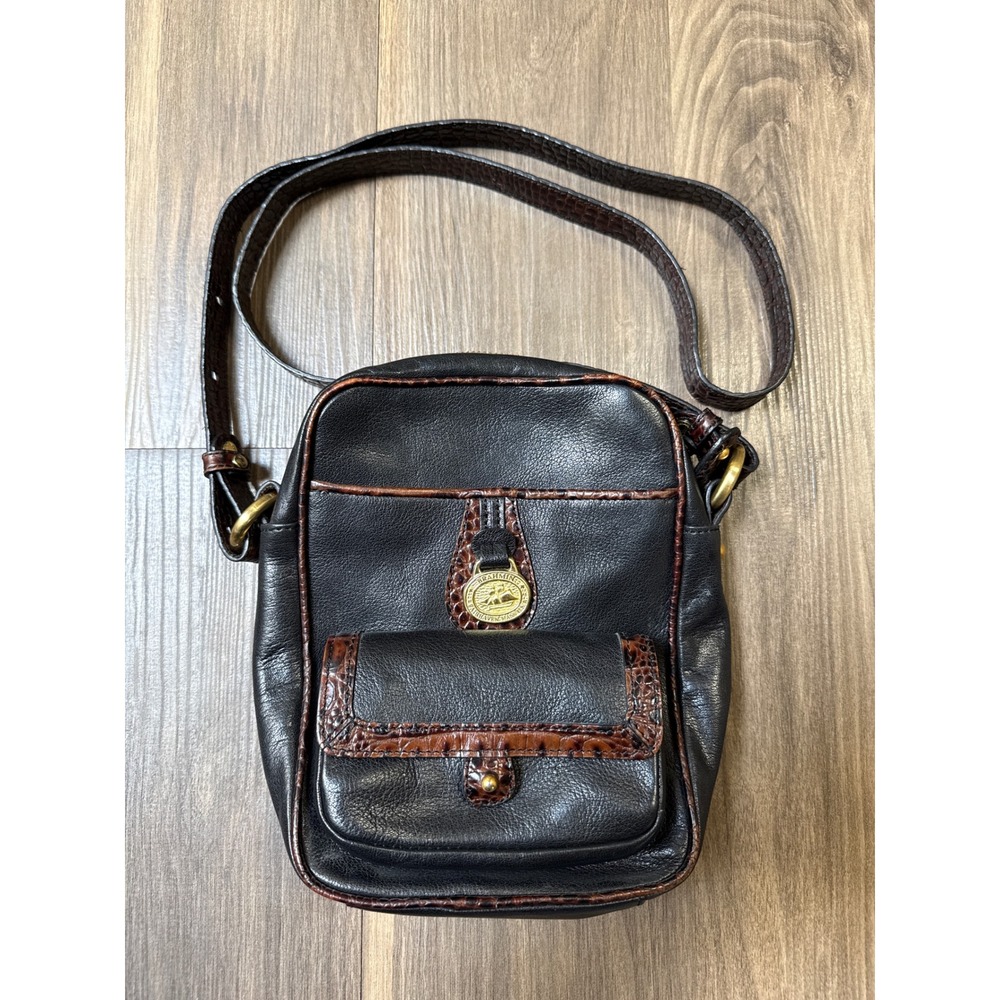 Brahmin Crossbody Bag Small Black Brown‎ Leather Croc Embossed Trim Vintage